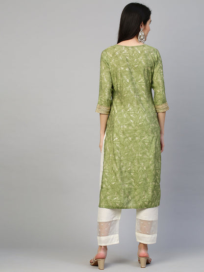 Ethnic Printed & Embroidered Kurta - Green