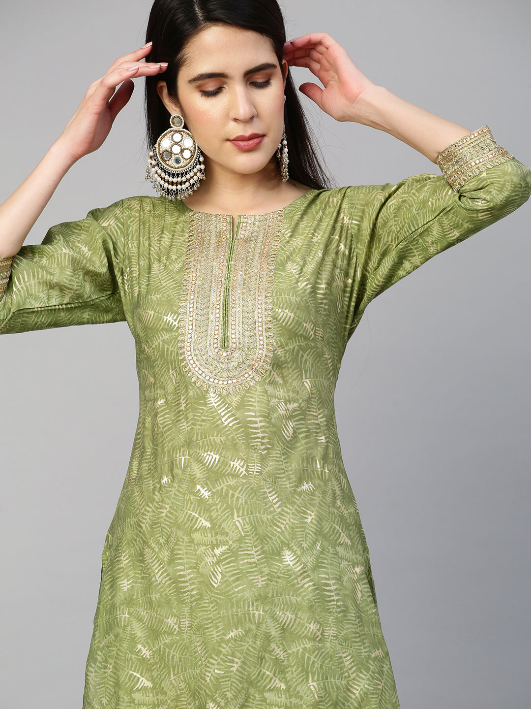 Ethnic Printed & Embroidered Kurta - Green