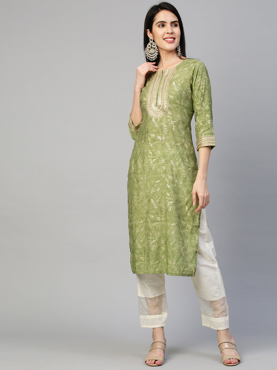 Ethnic Printed & Embroidered Kurta - Green