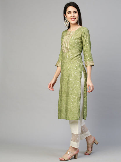 Ethnic Printed & Embroidered Kurta - Green