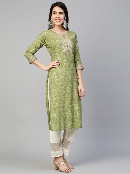 Ethnic Printed & Embroidered Kurta - Green