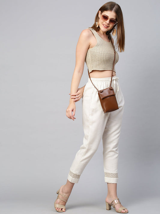 Sequin Embroidered Textured Ankle Pant - Off White