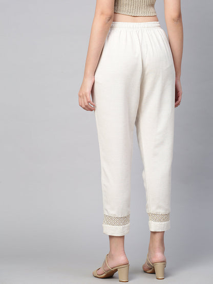 Sequin Embroidered Textured Ankle Pant - Off White