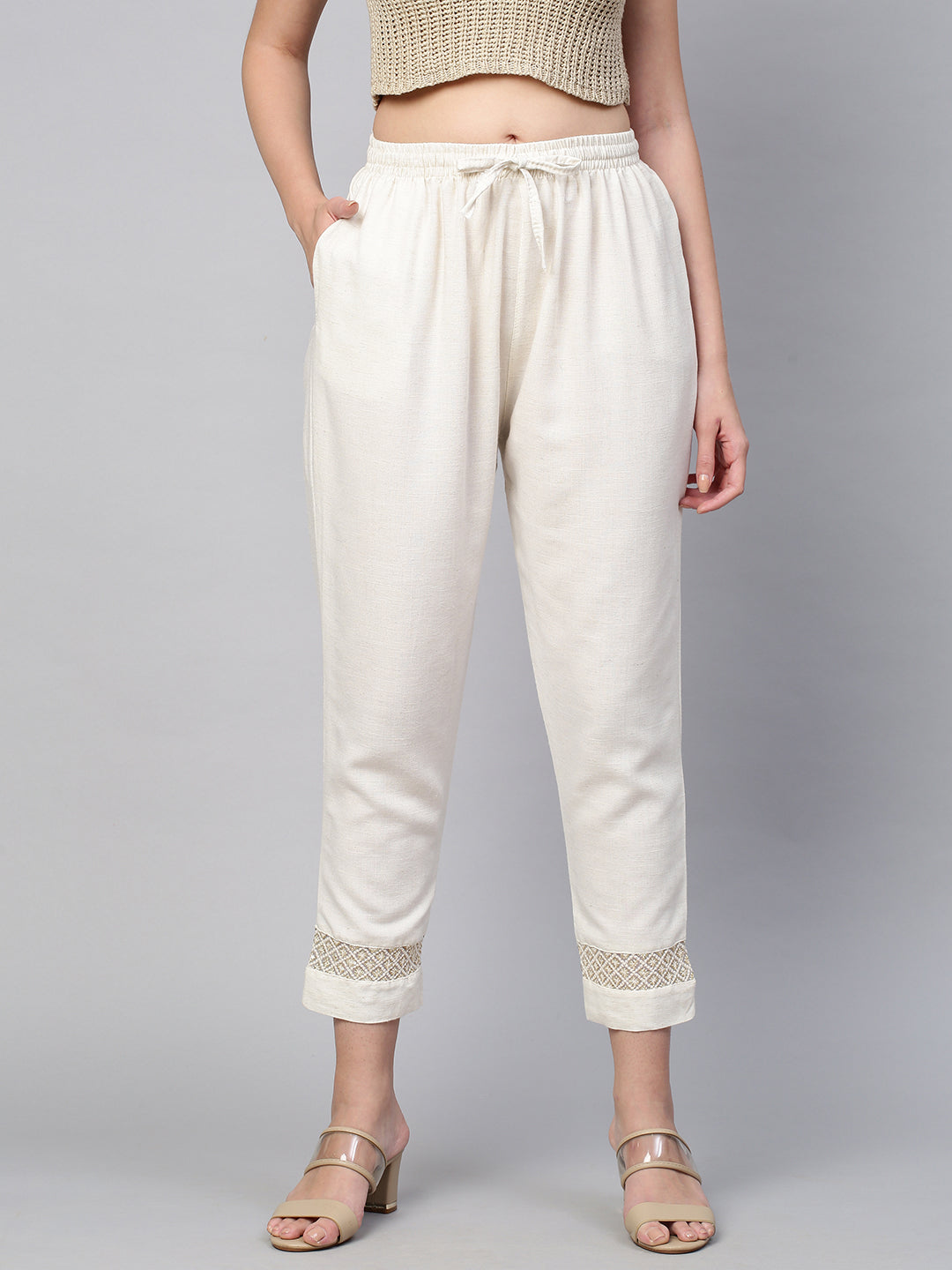 Sequin Embroidered Textured Ankle Pant - Off White