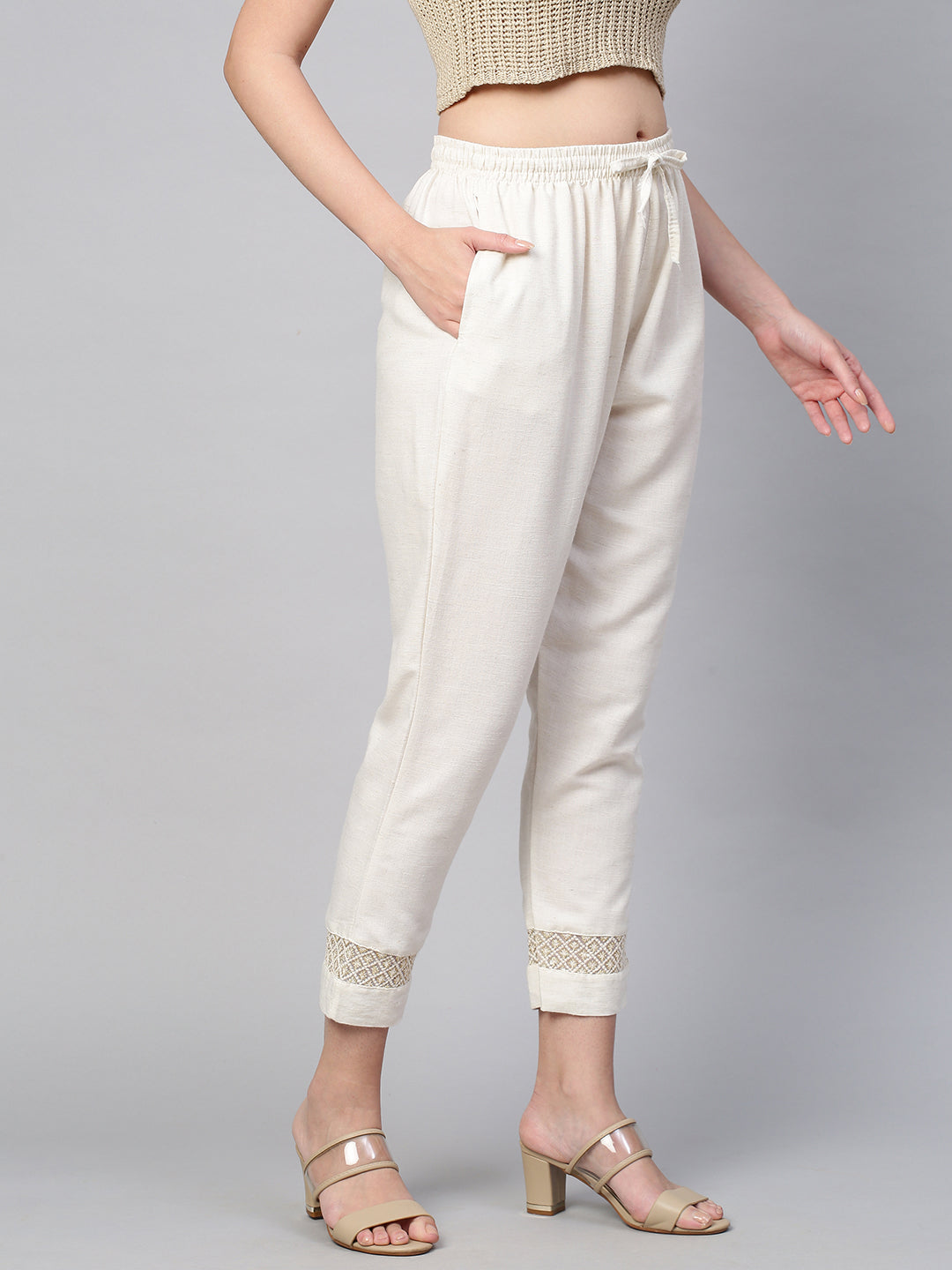 Sequin Embroidered Textured Ankle Pant - Off White