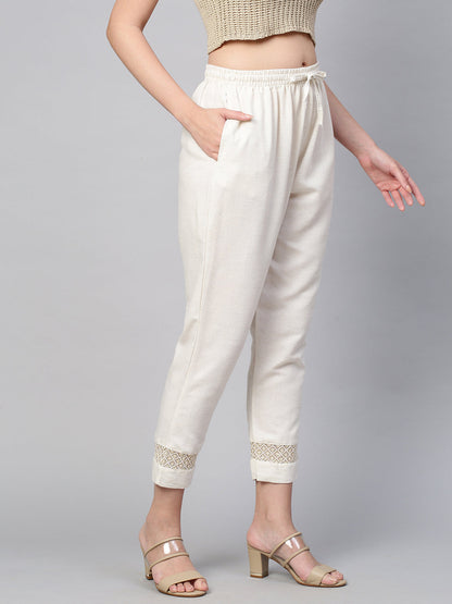 Sequin Embroidered Textured Ankle Pant - Off White