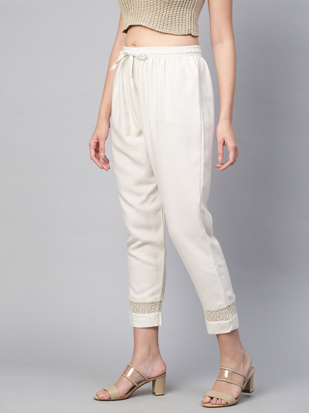 Sequin Embroidered Textured Ankle Pant - Off White
