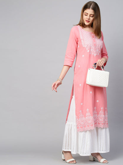 Floral Embroidered Straight Kurta - Peach