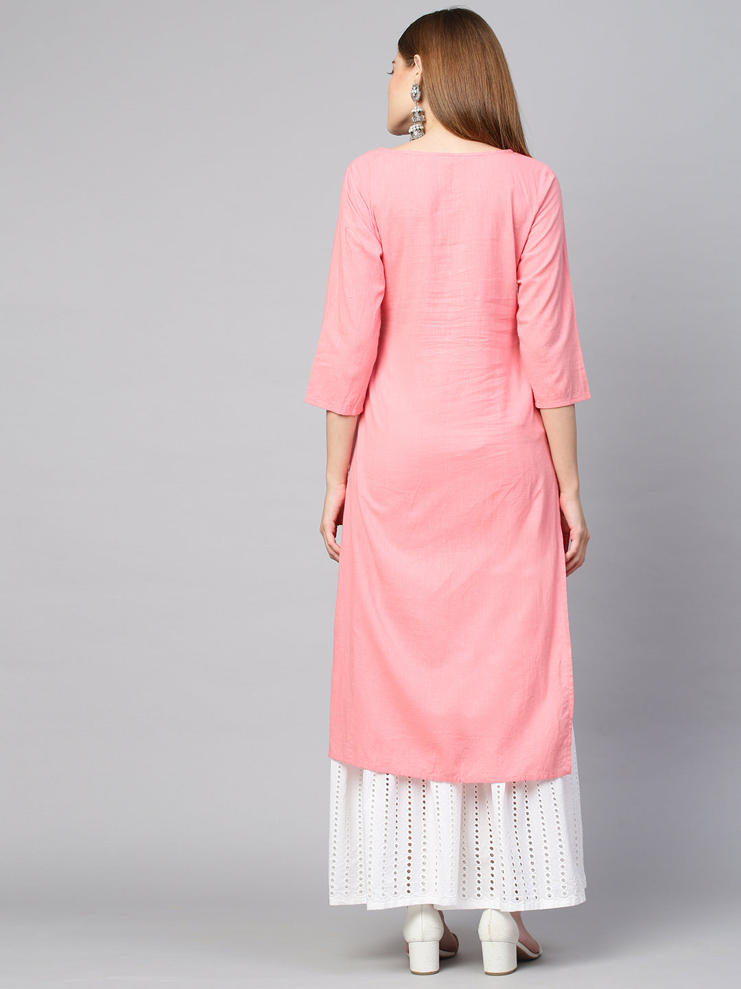 Floral Embroidered Straight Kurta - Peach