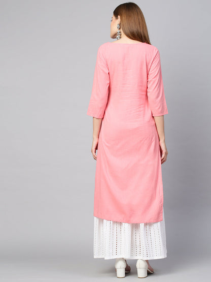 Floral Embroidered Straight Kurta - Peach