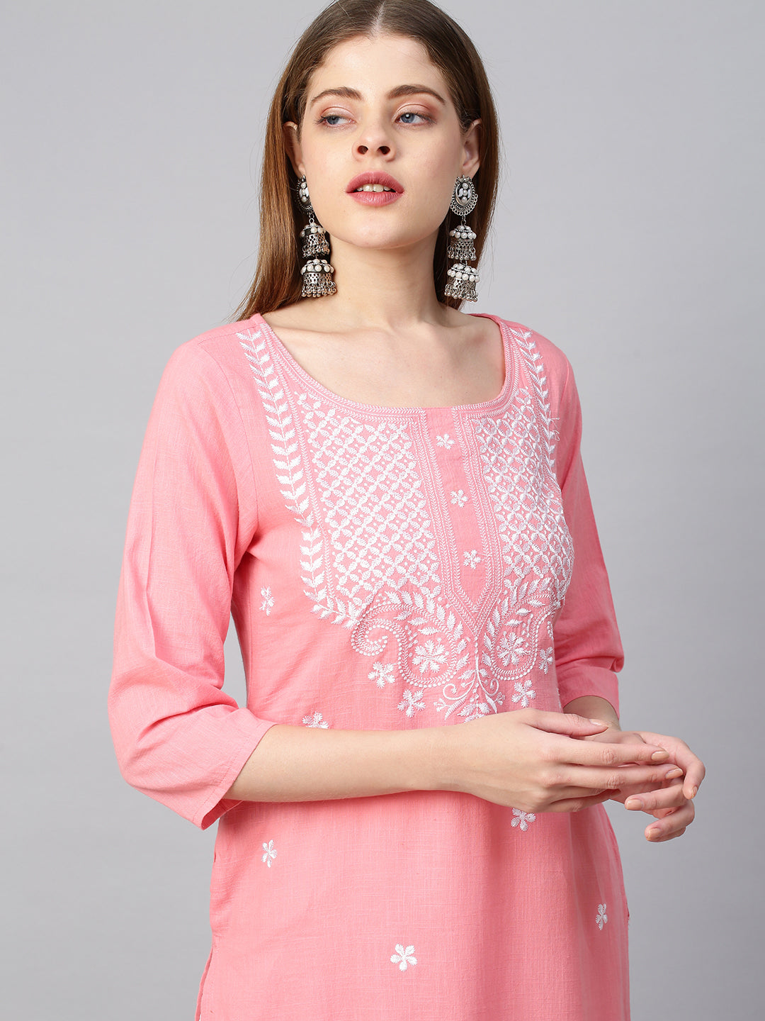 Floral Embroidered Straight Kurta - Peach