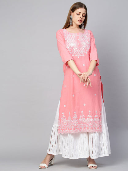 Floral Embroidered Straight Kurta - Peach