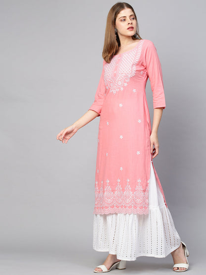 Floral Embroidered Straight Kurta - Peach