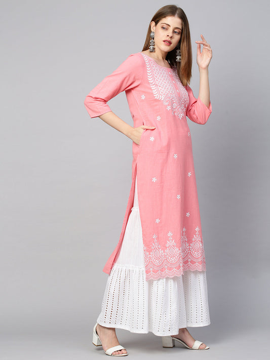 Floral Embroidered Straight Kurta - Peach