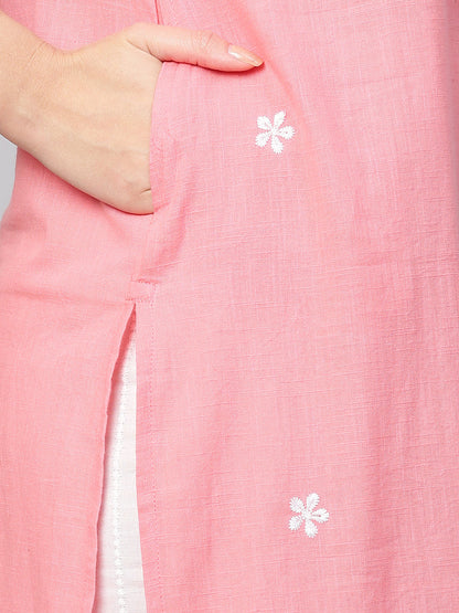 Floral Embroidered Straight Kurta - Peach
