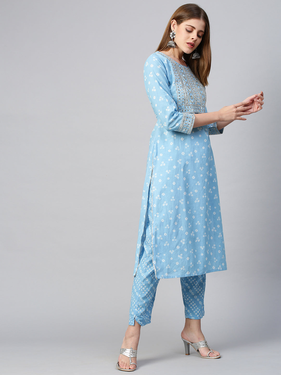 Sequin Embroidered & Bandhej Kurta & Pant - Pastel Blue