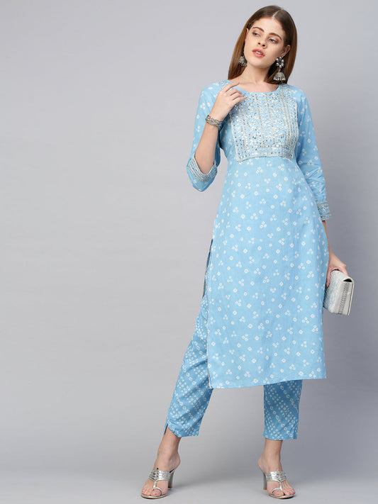 Sequin Embroidered & Bandhej Kurta & Pant - Pastel Blue