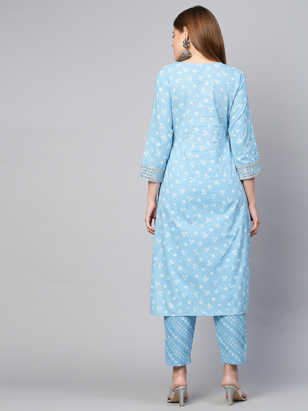 Sequin Embroidered & Bandhej Kurta & Pant - Pastel Blue