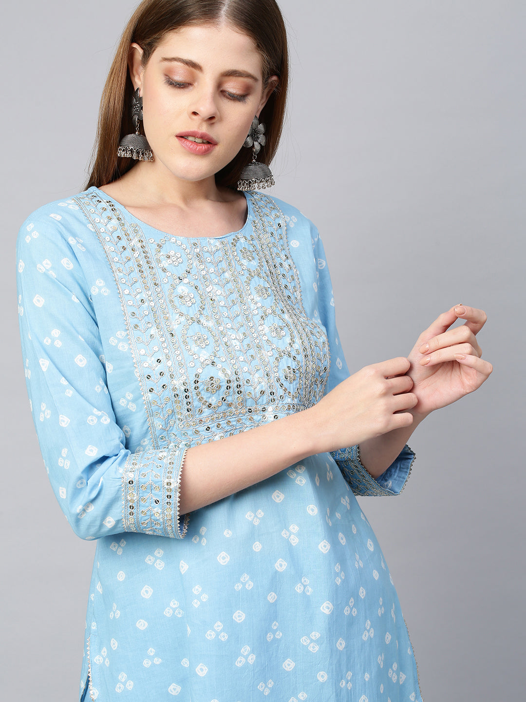 Sequin Embroidered & Bandhej Kurta & Pant - Pastel Blue