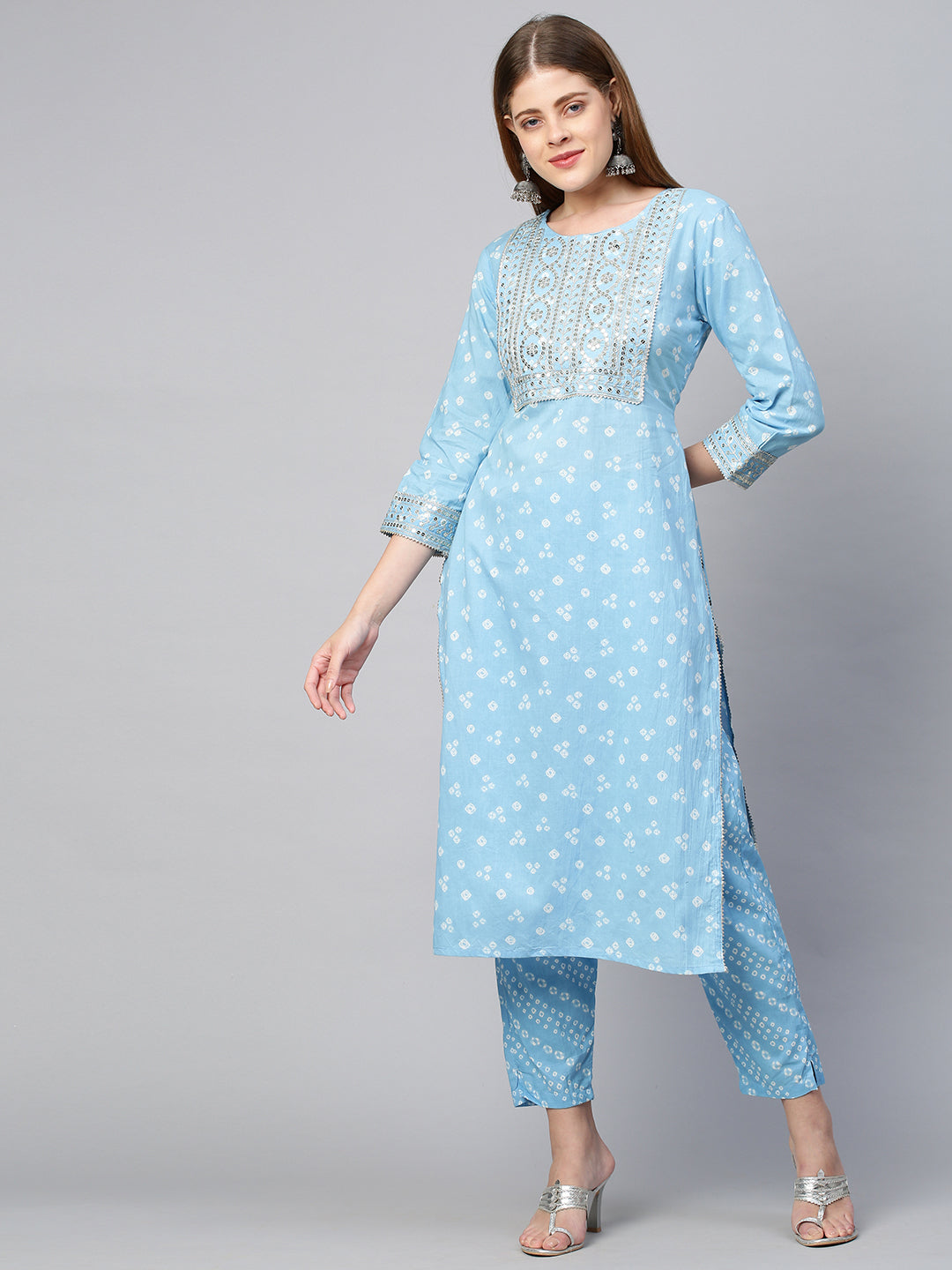Sequin Embroidered & Bandhej Kurta & Pant - Pastel Blue