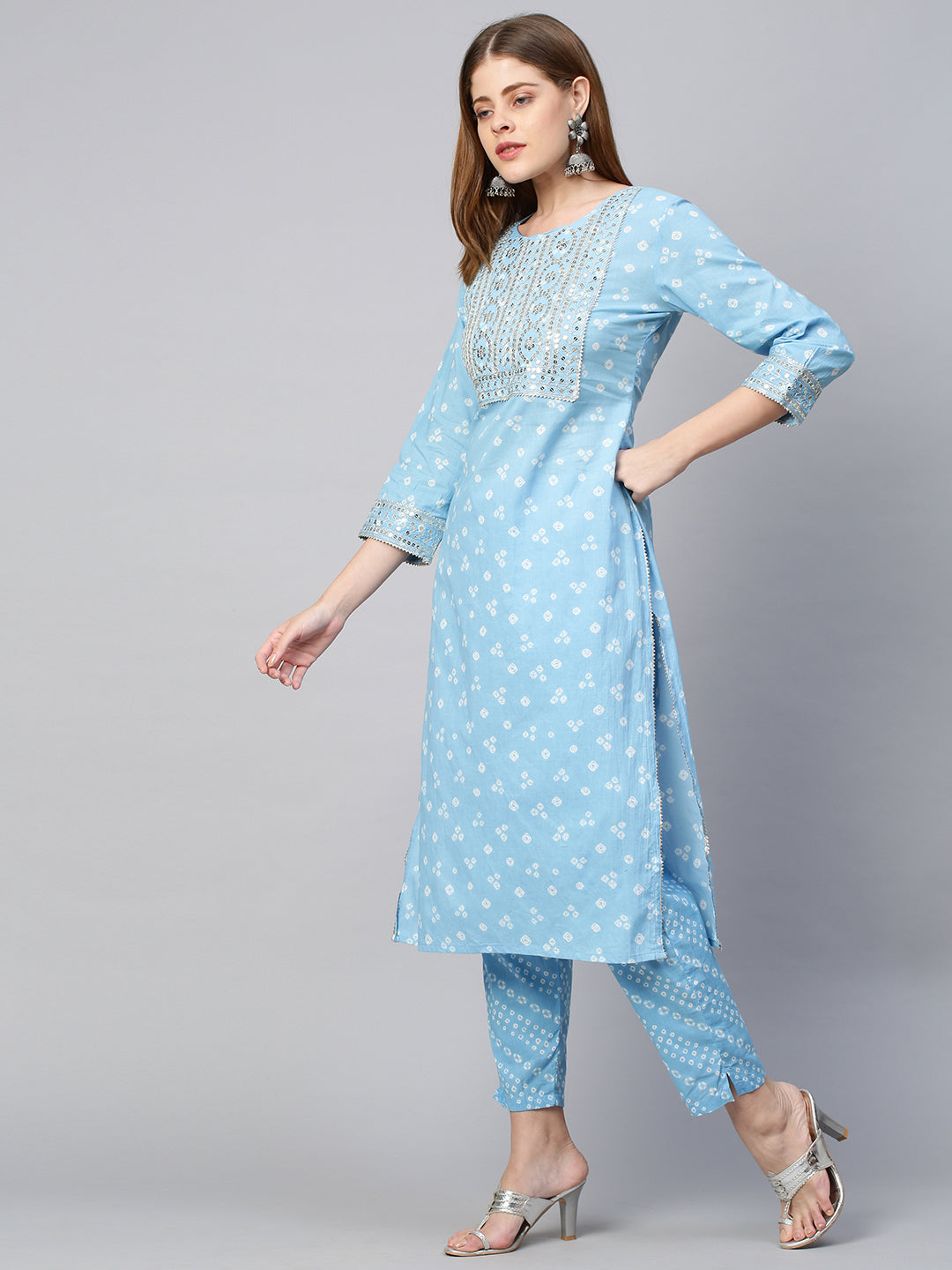 Sequin Embroidered & Bandhej Kurta & Pant - Pastel Blue