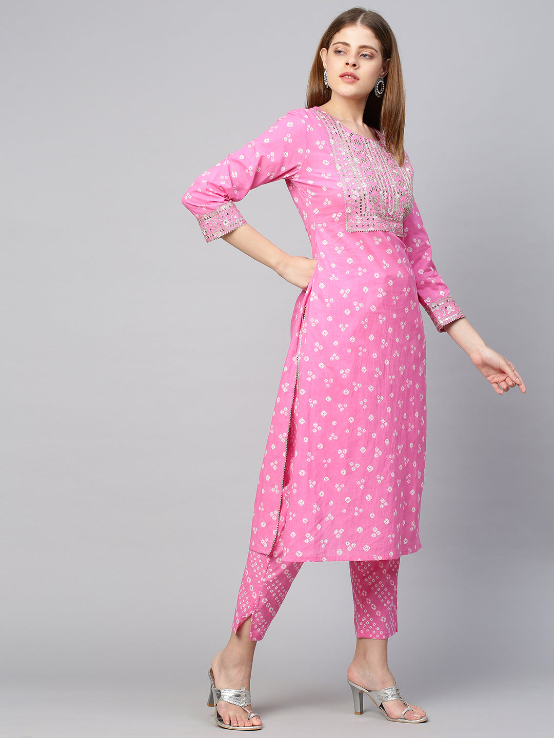 Sequin Embroidered & Bandhej Kurta & Pant - Pastel Pink
