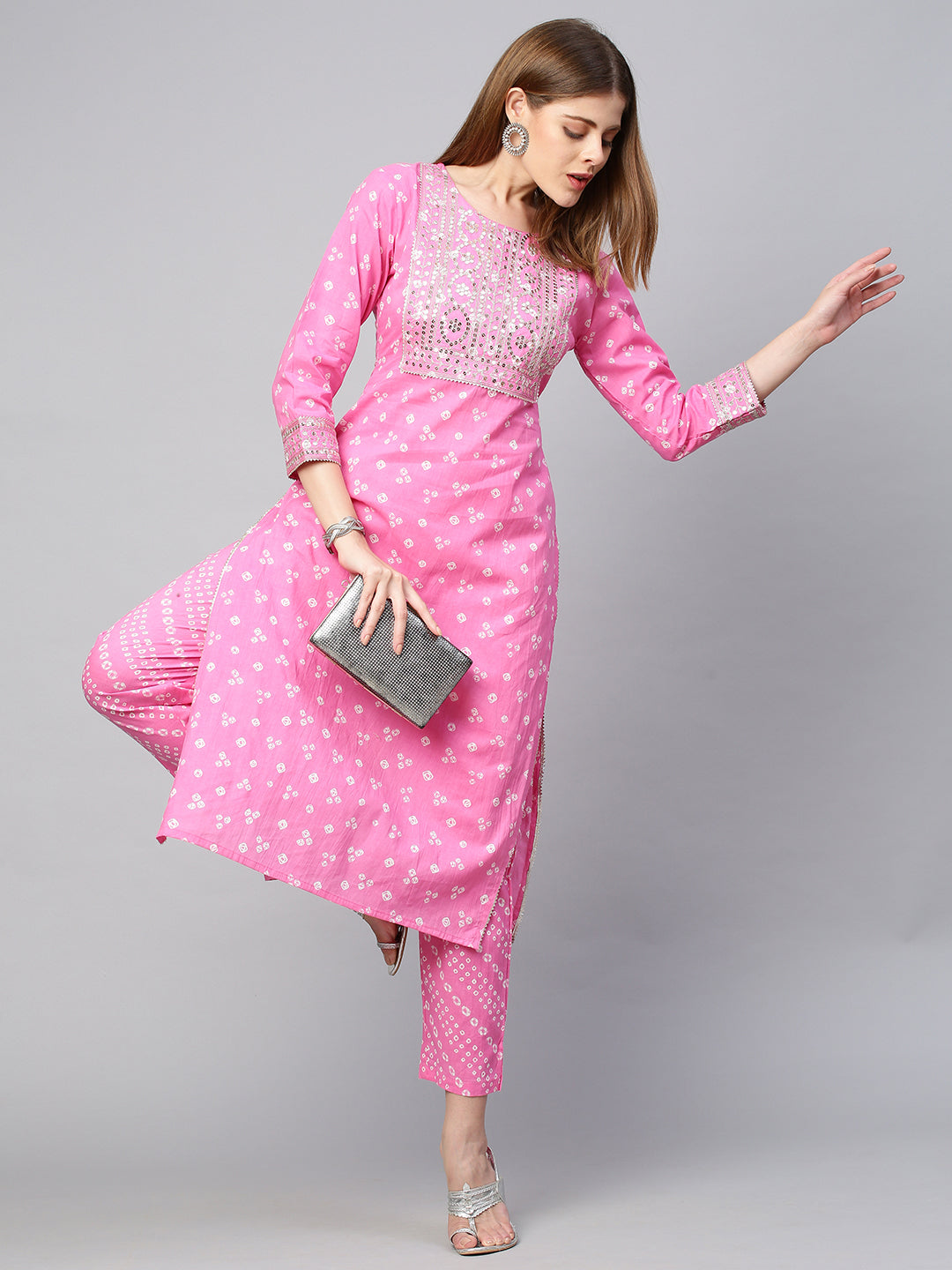Sequin Embroidered & Bandhej Kurta & Pant - Pastel Pink