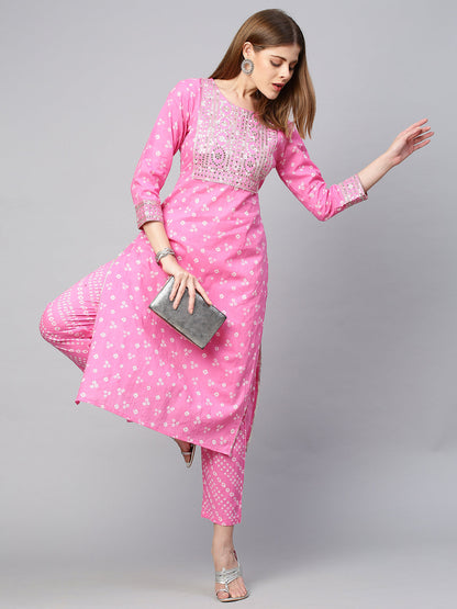 Sequin Embroidered & Bandhej Kurta & Pant - Pastel Pink