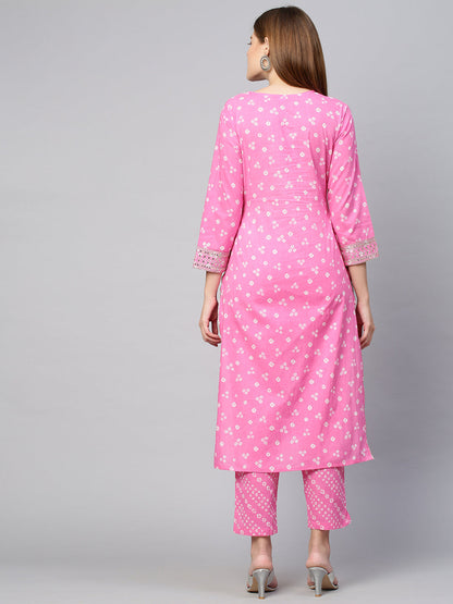 Sequin Embroidered & Bandhej Kurta & Pant - Pastel Pink