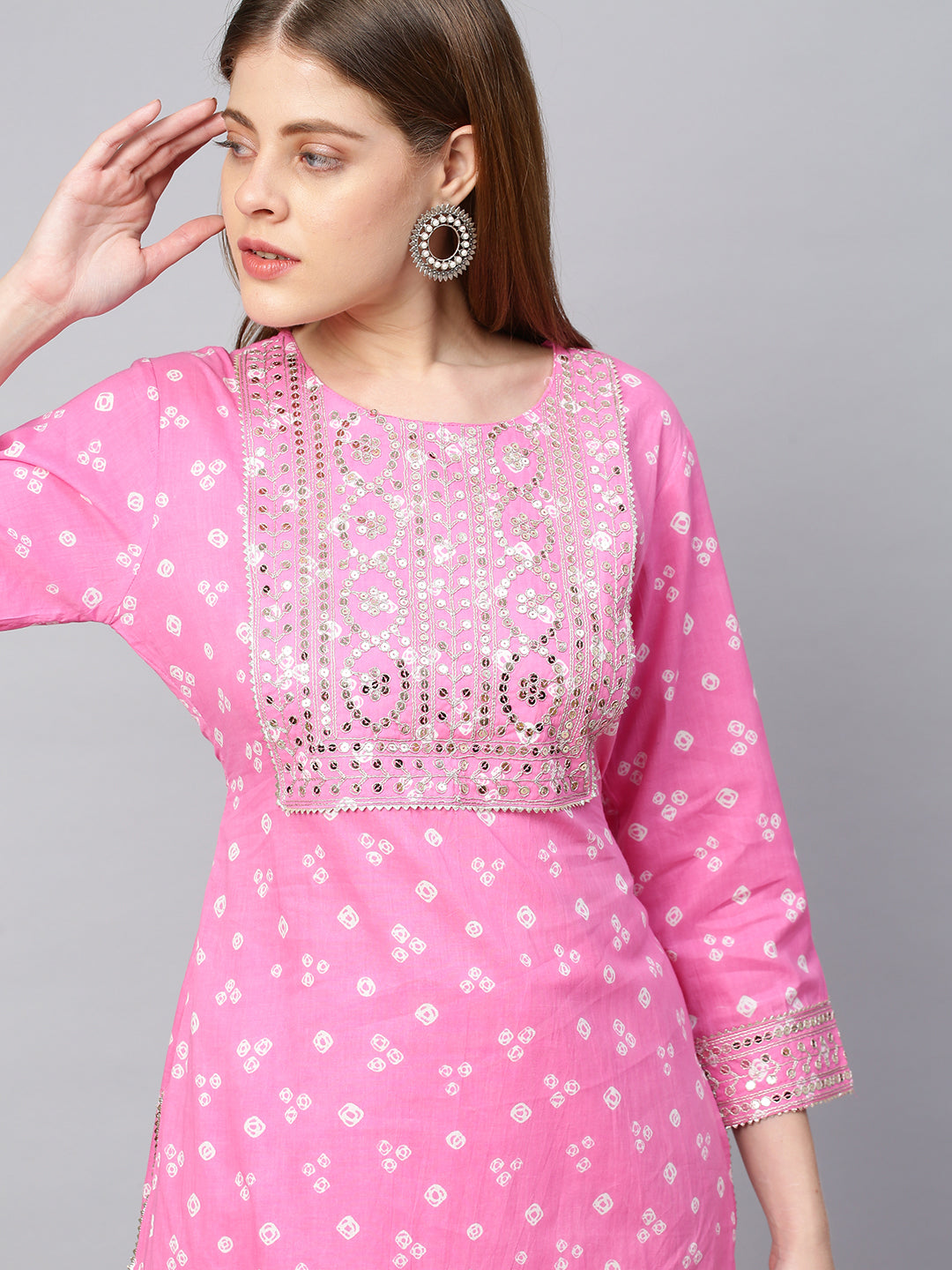 Sequin Embroidered & Bandhej Kurta & Pant - Pastel Pink
