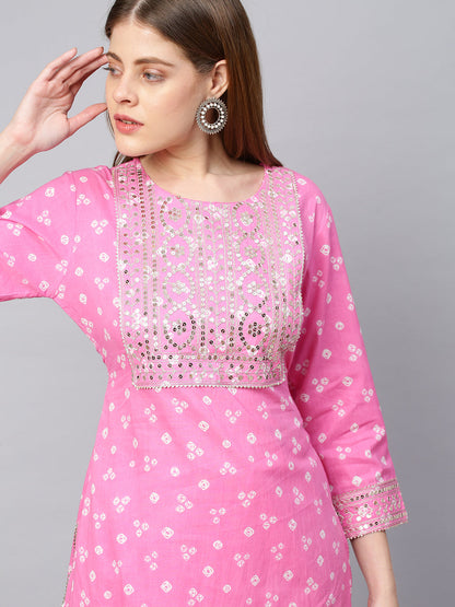 Sequin Embroidered & Bandhej Kurta & Pant - Pastel Pink