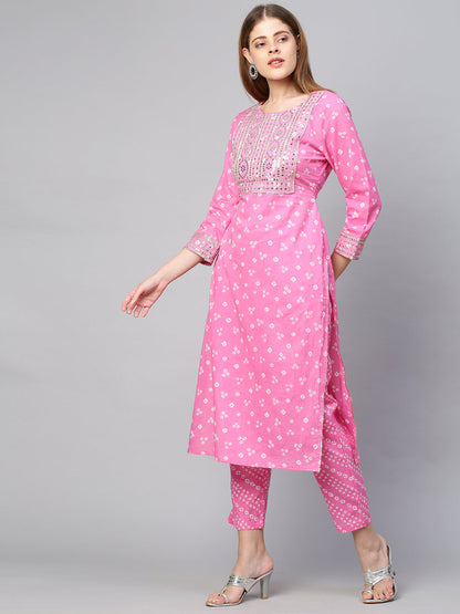 Sequin Embroidered & Bandhej Kurta & Pant - Pastel Pink