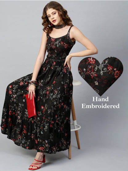 Ethnic Printed & Embellished Maxi Dress with Belt - Black