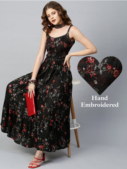 Ethnic Printed & Embellished Maxi Dress with Belt - Black