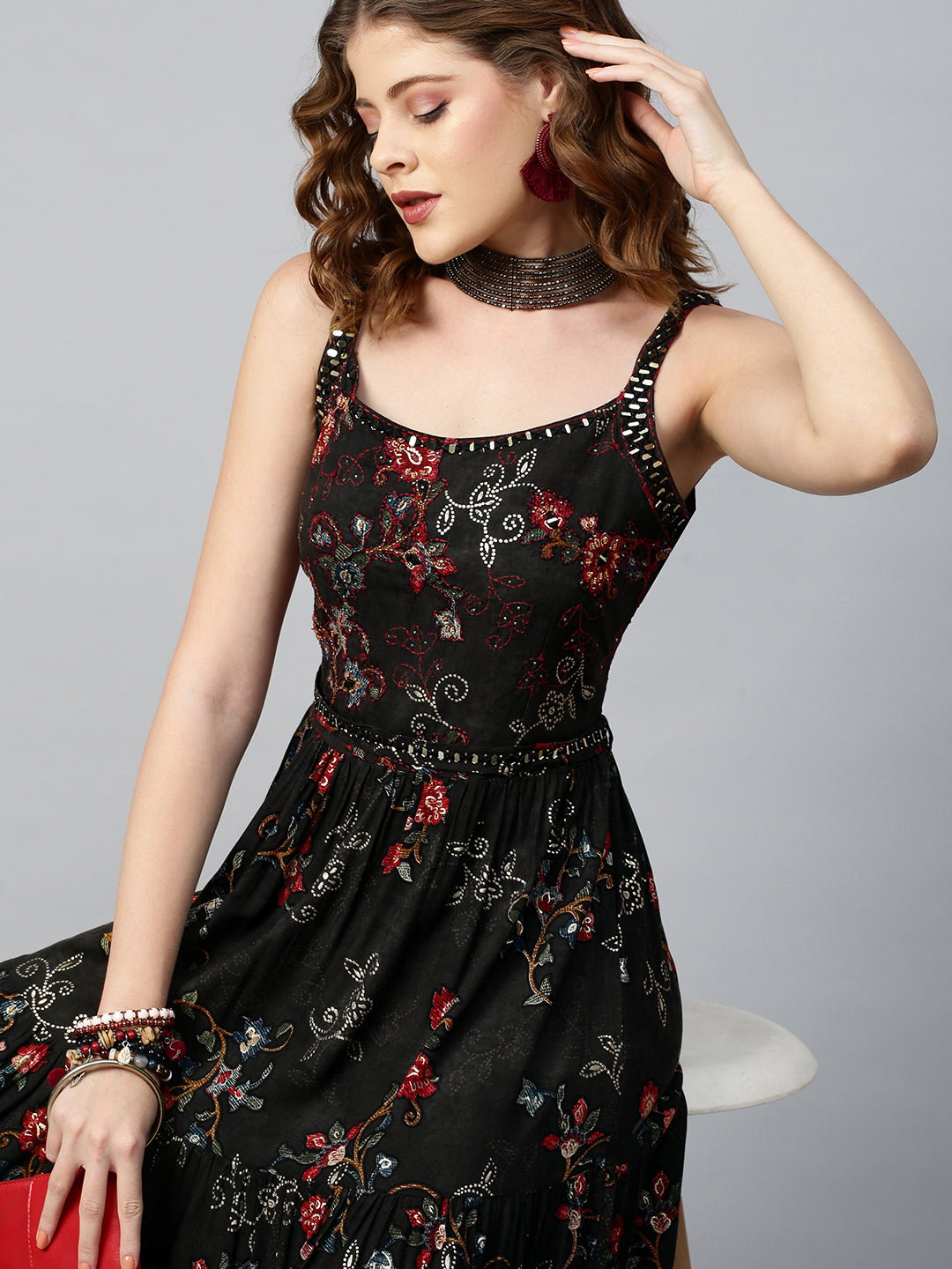 Ethnic Printed & Embellished Maxi Dress with Belt - Black