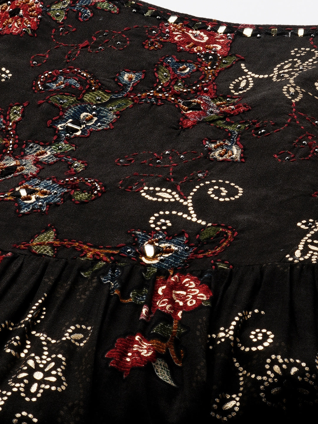 Ethnic Printed & Embellished Maxi Dress with Belt - Black