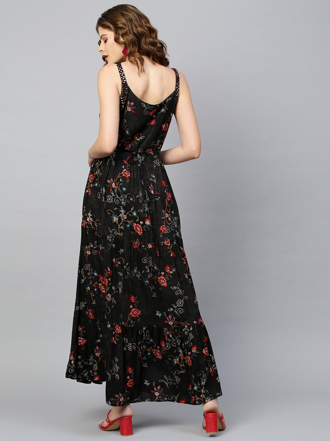 Ethnic Printed & Embellished Maxi Dress with Belt - Black