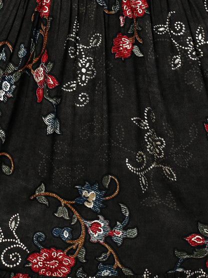Ethnic Printed & Embellished Maxi Dress with Belt - Black