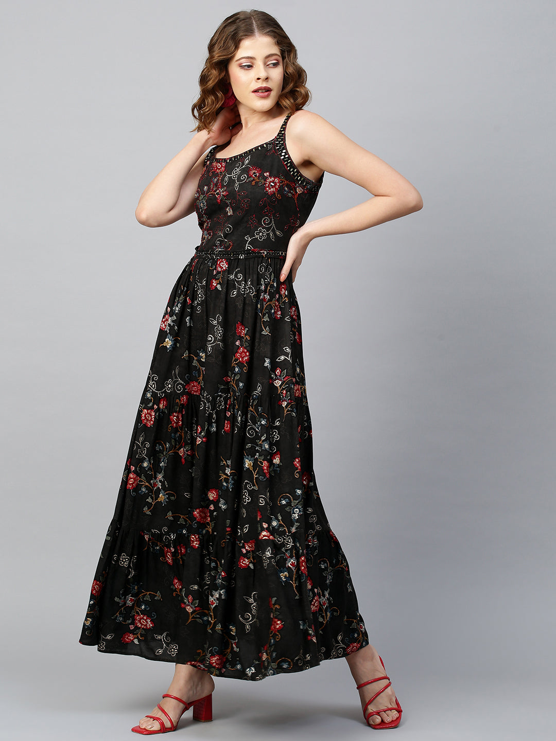 Ethnic Printed & Embellished Maxi Dress with Belt - Black