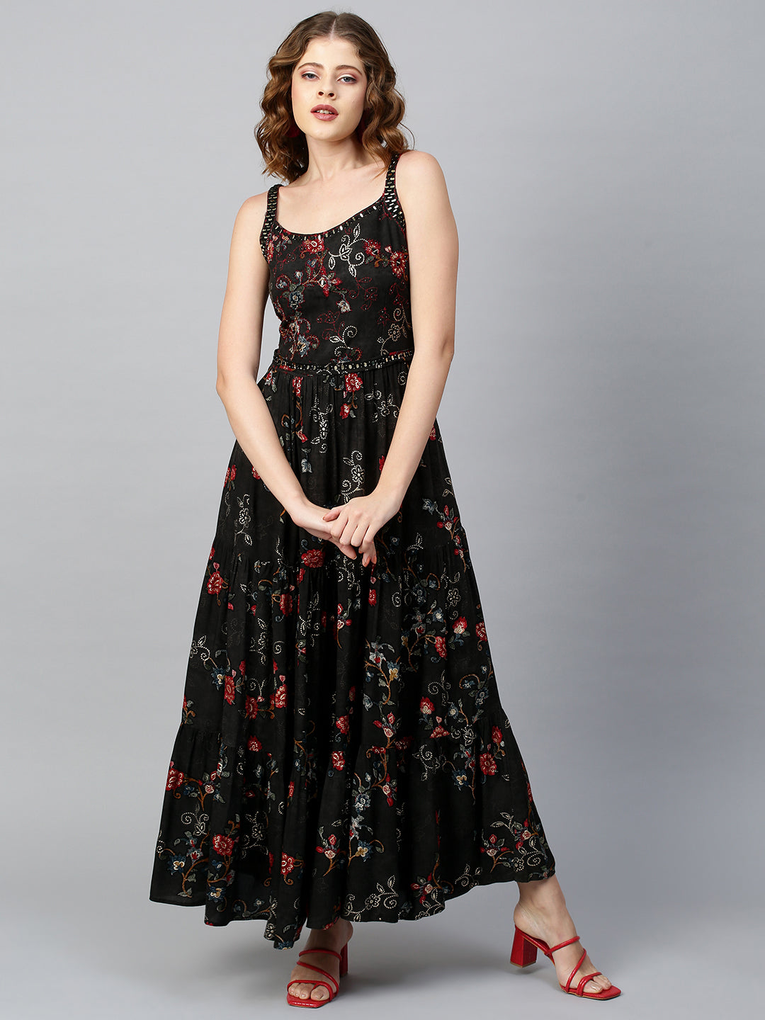 Ethnic Printed & Embellished Maxi Dress with Belt - Black