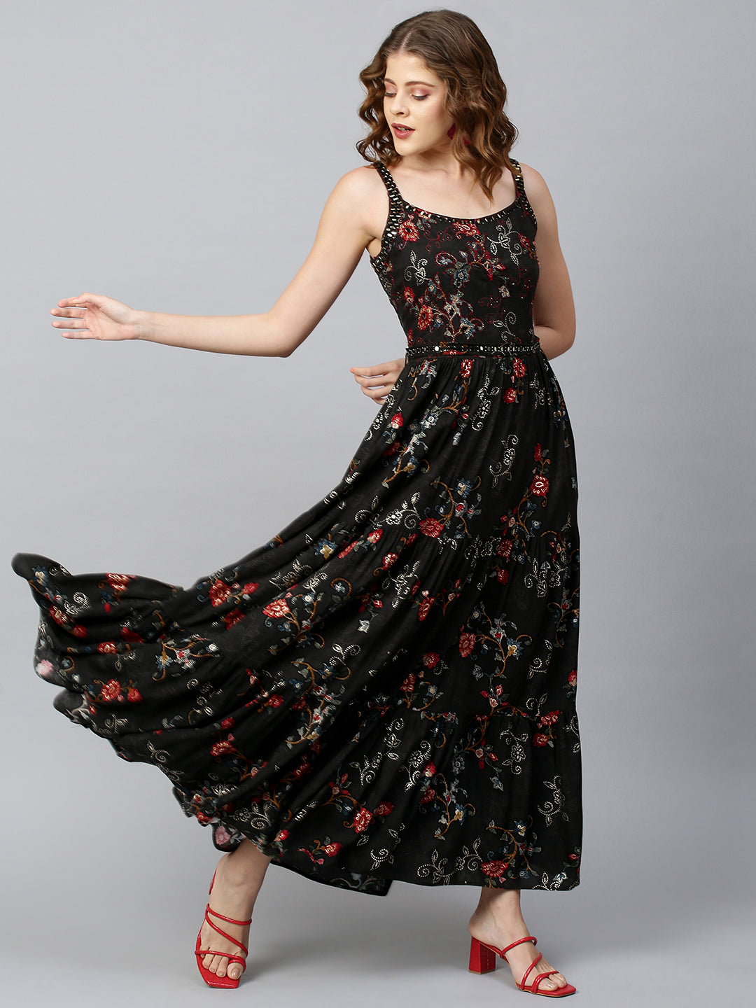 Ethnic Printed & Embellished Maxi Dress with Belt - Black