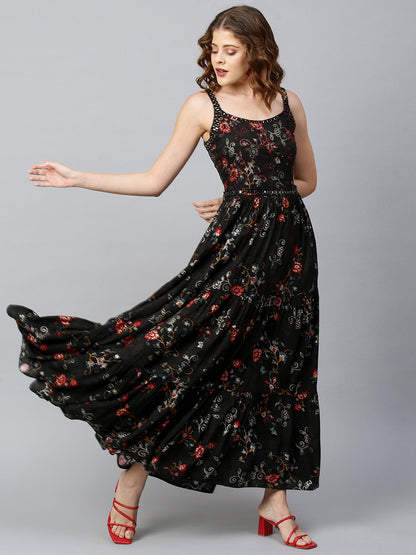 Ethnic Printed & Embellished Maxi Dress with Belt - Black