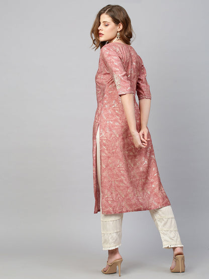 Floral Embroidered & Printed Straight Kurta - Hippie Pink