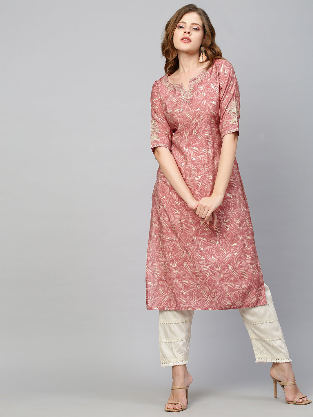 Floral Embroidered & Printed Straight Kurta - Hippie Pink