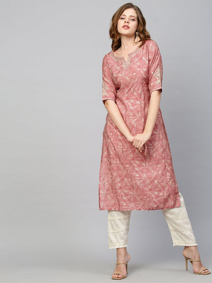 Floral Embroidered & Printed Straight Kurta - Hippie Pink