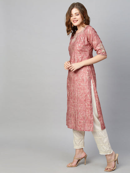Floral Embroidered & Printed Straight Kurta - Hippie Pink