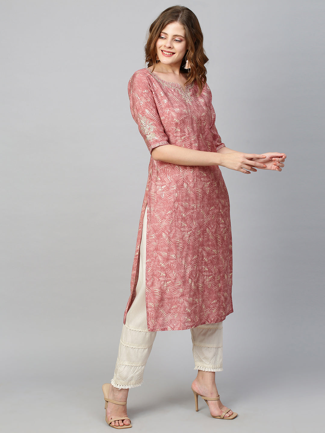 Floral Embroidered & Printed Straight Kurta - Hippie Pink