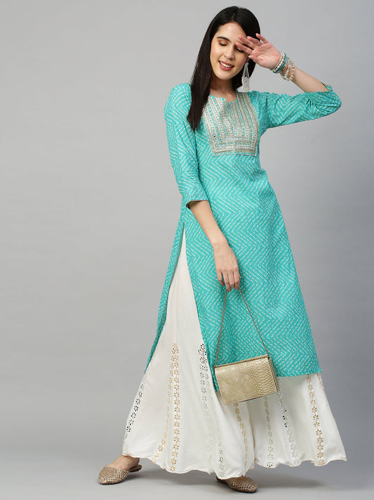 Bandhej Printed & Embroidered Kurta - Sea Green