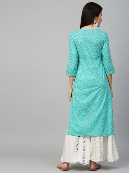 Bandhej Printed & Embroidered Kurta - Sea Green