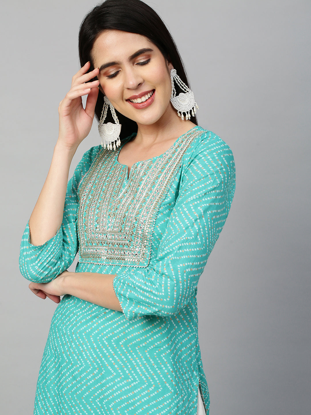 Bandhej Printed & Embroidered Kurta - Sea Green